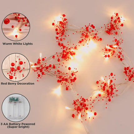 Mosoan 10FT 30 LED Christmas String Lights Battery Operated, 2 Light Modes Christmas Lighted Red Berry Garland for Christmas Tree Fireplace Decoration Indoor