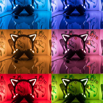 New Edition Wireless Cat Ear Headphones (12 Color Changing) 3.5mm Jack, Bluetooth&Wired Connection (Black)
