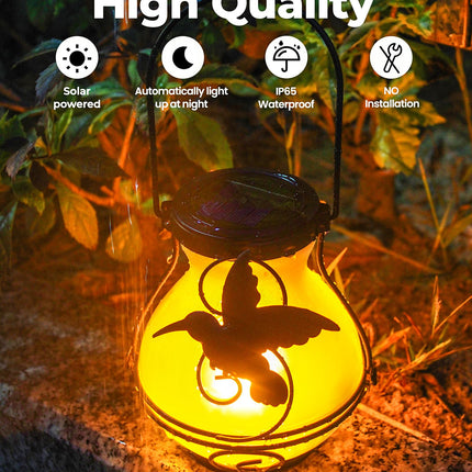 2 Pack Solar Flickering Flame Lights,Outdoor d Solar Metal Lantern for Hanging Solar Powered Waterproof LED Flame Glass Lanterns for Patio Garden Christmas Halloween Decorations