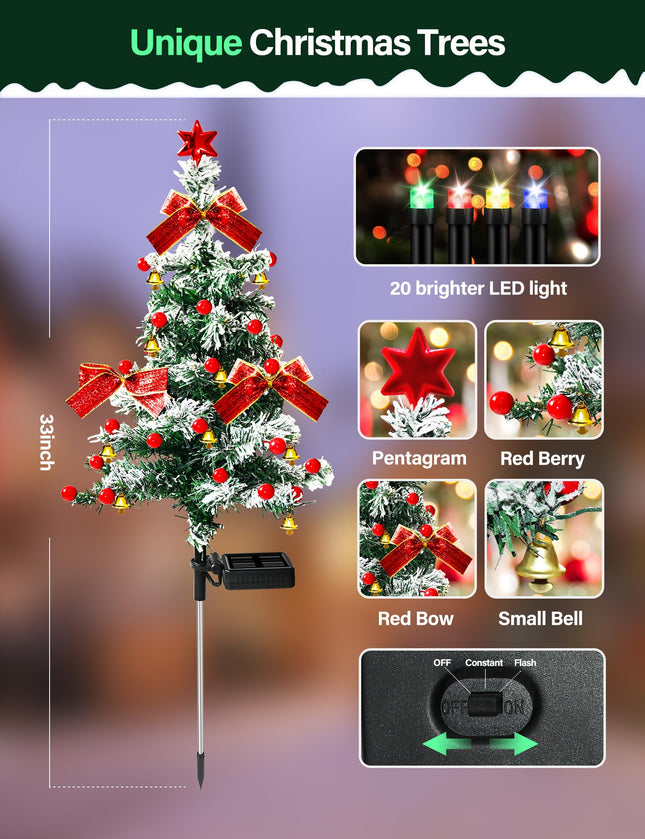 Solar Christmas Trees Lights Outdoor Decoration Waterproof, 40LED Small Solar Power Xmas Tree Pathway Lights, Solar Garden Decorative Stake Lights Yard Decor with Snow 2 Modes for Path Lawn Patio,2PCS