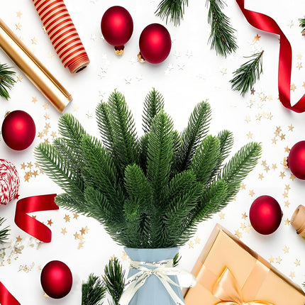 Artificial Pine Branches, Fake Christmas Greenery Pine Sprigs with 6Pcs Cute Santa Claus Decoration for DIY Garland Crafts Christmas Embellishing and Home Garden Decoration (50pcs)