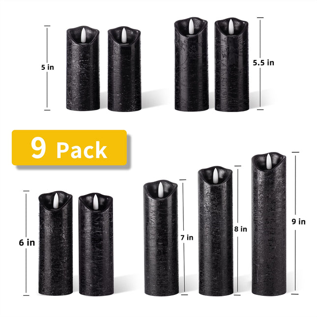 Hausware Set of 9 Flameless Candles Battery Operated LED Real Wax Flickering Electric Candles with Remote Control Timer for Wedding Birthday Halloween Christmas Decorations (Black Color)