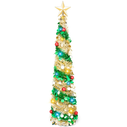 JOIEDOMI 5 Ft Pre-lit Pencil Christmas Tree, Pop up Christmas Tinsel Tree with Lights and Ornaments, Skinny Collapsible Christmas Tree with Timer for Xmas Decorations Indoor Outdoor Holiday Party