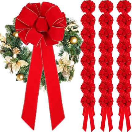 Kigeli Large Christmas Bow 10"x 26" Handmade Big Red Velvet Ribbon Outside Christmas Wreath Bow Christmas Tree Topper Ornament Bow for Indoor Outdoor Xmas Home Cabinet Decoration(24 Pcs)