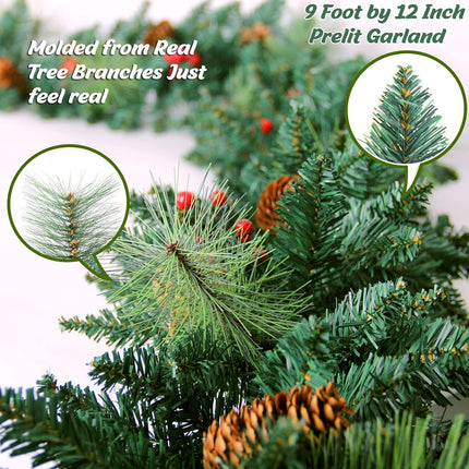 9FT Prelit Christmas Garland with 100 Lights Christmas Decorations Outdoor Lighted Christmas Garland for Mantle Stairs Railing Tree, Pre-Lit Christmas Garland Battery Operated Xmas Garland Fireplace