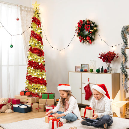 6FT Pop up Christmas Tree Collapsible Tinsel Christmas Tree Slim Shiny Sequins Xmas Tree with Topper Star, Artificial Easy-Assembly Reusable Xmas Tree for Holiday Indoor Home Party Decor(Red+Gold)