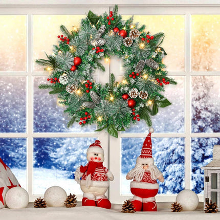 24in Christmas Wreath with Lights, Pine Cone Wreath Lighted Christmas Wreaths Winter Wreath with Pine Cones, Berries Ball Ornaments and Pine Branch for Door Window Mantle Christmas Decoration Wreaths