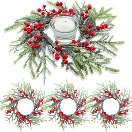 Giegxin 4 Pcs Christmas Candle Rings Wreaths Artificial Norfolk Pine Rings Wreaths Red Berry Pillar Garland Candle Ring Holder for Christmas Table Centerpieces Holiday Festival Decor