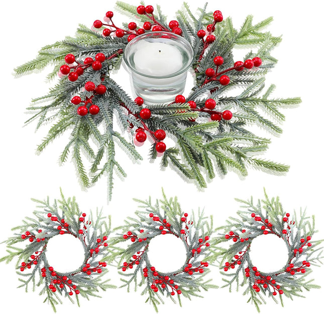 Giegxin 4 Pcs Christmas Candle Rings Wreaths Artificial Norfolk Pine Rings Wreaths Red Berry Pillar Garland Candle Ring Holder for Christmas Table Centerpieces Holiday Festival Decor