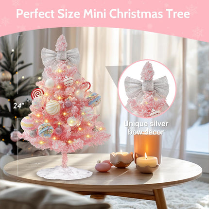 Mini Pink Christmas Tree, 2ft Artificial Small Tabletop Christmas Tree, Table Top Christmas Tree with Bow, Ball Ornaments and White Tree Skirt DIY Christmas Decorations
