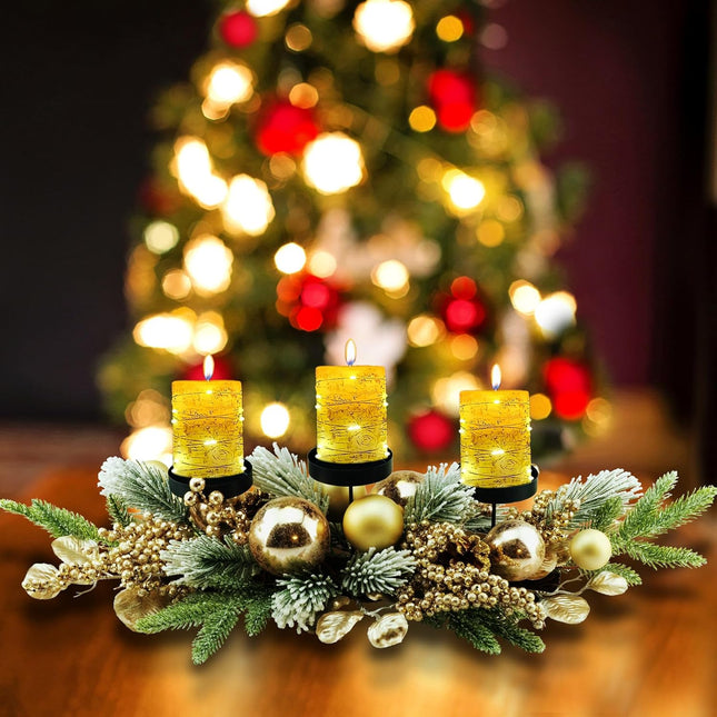 YULETIME 28" Christmas Triple Candelabrum, Holiday Candle Holder with Three Trays, Gold Baubles, Golden Berries & Leaves, Snowy Flocked Pine Needles (Gold)