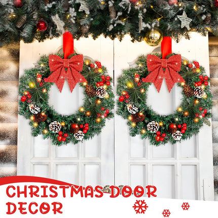 VIHOSE 4 Pcs Christmas Wreath 13'' Artificial Christmas Front Door Wreath Ornament with LED Light Xmas Wreath Red Bow Pine Cones Red Berries Pine Needle for Holiday Party Decoration Battery Operated