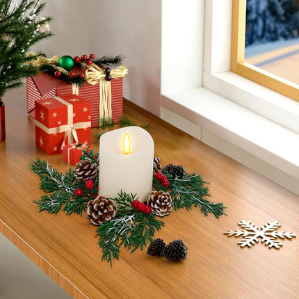 GENMOUS 8 Pcs Christmas Candle Rings Mini Wreaths, Snowy Pine Candle Garlands with Artificial Red Berries Pinecones,Christmas Centerpieces for Tables,Pillar Candle Rings Wreaths for Winter Home Decor
