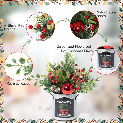 Artificial Christmas Tabletop Decorations - 14.2 Inch Small Christmas Centerpiece Potted Tree Artificial Plants with Sturdy Stand and Pine Cones and Red Berries Decoraction