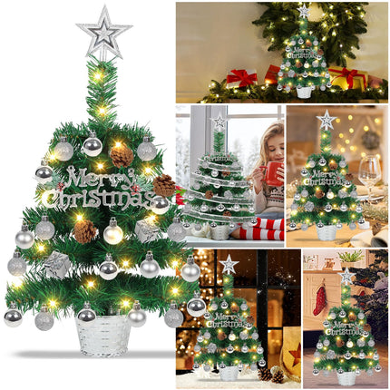 20" Tabletop Mini Christmas Tree Lighted, Artificial Small Xmas Pine Tree Prelit Christmas Tree with LED Lights and Ornaments for Xmas DIY Holiday