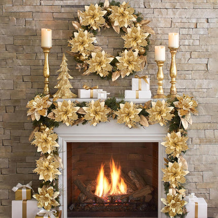Christmas Tree Decor-18 Pcs 5.5" Poinsettias Artificial Christmas Flowers Picks with Clips Stems Xmas Ornaments for Christmas Wreaths Garland Home Party Decorations Gold