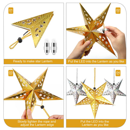 10 Pcs Christmas Paper Star Lantern Lampshade 3D Paper Star Hanging Decoration Star Light Paper Lanterns with 20 LED Party Light for Xmas Independence Day Party Home Decor (Gold, Silver)