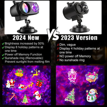 Christmas Projector Lights Outdoor, Brightness Increase 50% HD 2-in-1 Ocean Wave Snowflake LED Holiday Projector Lights Indoor 96 Patterns, Memory Function Waterproof 12 Slides for Party Garden...