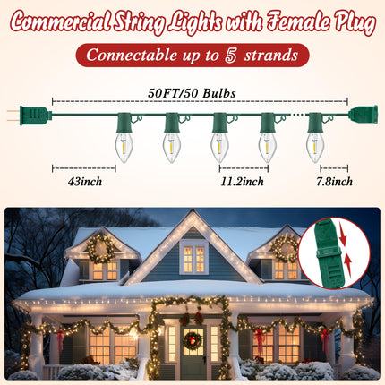 50 FT C9 LED Christmas Lights Outdoor with Clips, Large Bulb Christmas String Lights with Christmas Light Clips, Warm White Christmas Roofline Lights for House and Garden Xmas Decoration