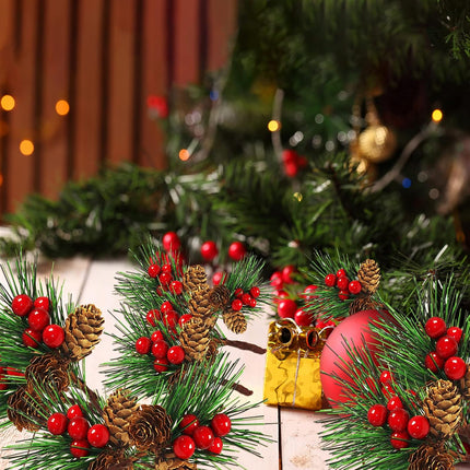 QLINLEAF Christmas Red Berry Stem Floral Pine Cone Artificial Pine Branch Evergreen Branch Pine Cone Decoration Christmas Decoration DIY Holiday Crafts Garland Decoration (12 Pieces)
