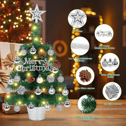 20" Tabletop Mini Christmas Tree Lighted, Artificial Small Xmas Pine Tree Prelit Christmas Tree with LED Lights and Ornaments for Xmas DIY Holiday