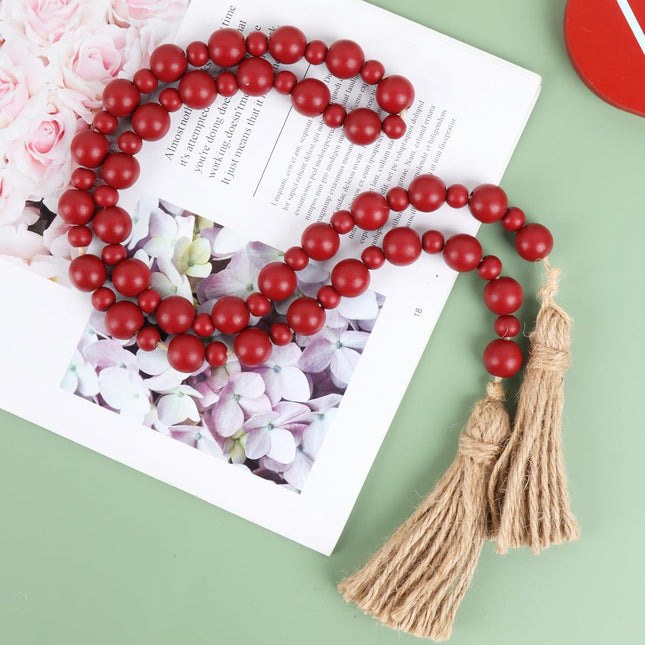 Yagoo Wood Bead Garland with Tassels, Farmhouse Rustic Decor Prayer Beads Boho Tassel Garland Decorative Beads for Home Decor (Burgundy)