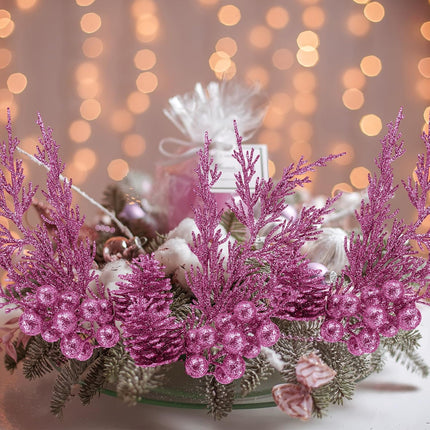 Winlyn 12 Pcs Christmas Artificial Pine Branches Pink Glittered Pine Needles with Pinecone and Berries Christmas Floral Picks 14.2" for Pink Christmas Tree Seasonal Wreath Swag Garland Wedding Bouquet