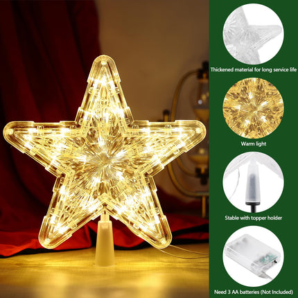 Christmas Tree Topper Star with Topper Holder, Lighted Battery Powered Star Tree Topper, Rustic Lightweight Xmas Tree Top Star with Lights for Holiday Party Home Indoor Seasonal Decorations Ornaments