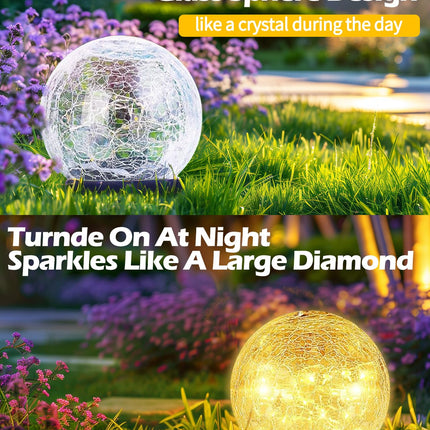 Garden Solar Ball Lights Outdoor Waterproof, 50 LED Cracked Glass Globe Solar Power Ground Lights for Path Yard Patio Lawn, Christmas Decoration Landscape Warm White(2 Pack 4.7'')