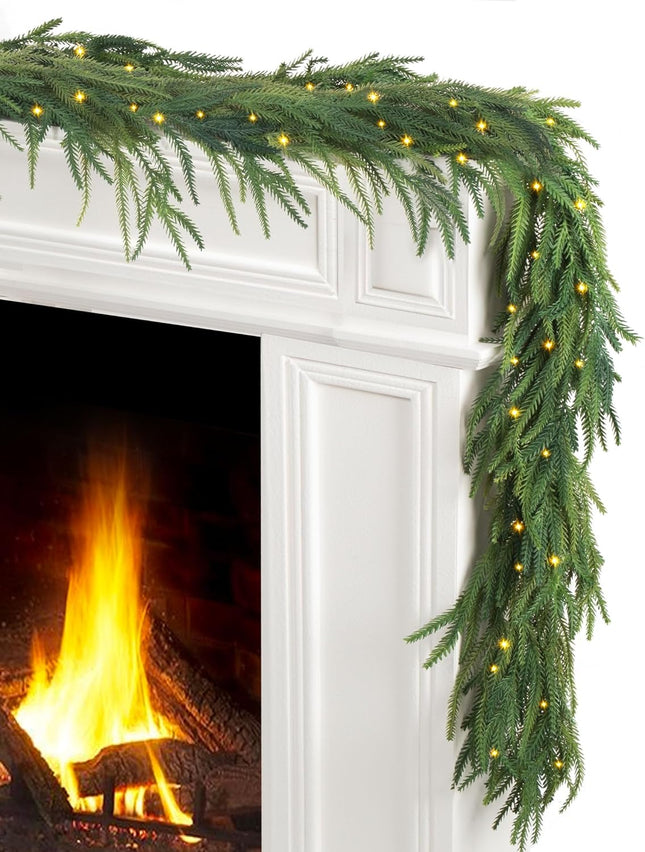 Jin&Bao 6FT Real Touch Norfolk Pine Garlands, Christmas Garland with Lights, Christmas Decorations for Mantel Stairs Table Runner Outdoor Indoor Winter Decor, 50 LED with Timer 8 Modes