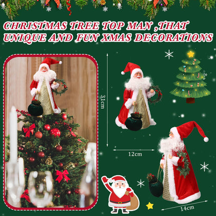 Christmas Santa Treetop 12 Inch Large Christmas Tree Topper with Hat and Clothes Hanging Berry Wreath for Christmas Tree Decorations Party Home Decor(Red)