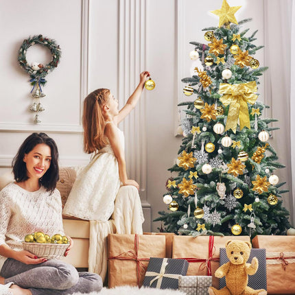 Christmas Tree Decoration Set, 88 Pcs Gold Christmas Ornaments Set with White Gold Christmas Ornaments Balls,Christmas Glitter Poinsettia Flowers,Glitter Berries Stems, Snowflakes, Bow for Christmas