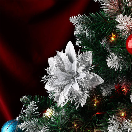 Christmas Glitter Poinsettia Xmas Artificial Flowers Decorations with Clips and Stems Glitter Christmas Tree Fake Flowers for Christmas Wreath Door Garland Xmas Tree Wedding Year