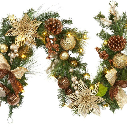 Adeeing 6ft Prelit Christmas Garland with 20 Lights, Xmas Fake Vines with Bows Christmas Balls Flowers Berries Greenery Christmas for Front Door Fireplace Mantel Porch Holiday Decorations