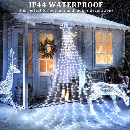 Christmas Lights Outdoor - 344 LED 12FT Christmas Tree Lights with Topper Star, Waterproof Plug in 8 Modes Waterfall String Lights for Indoor Patio Yard Lawn Party Xmas Decorations, White