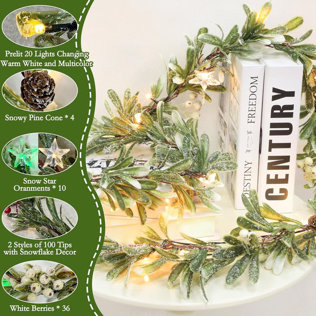 6 FT Flocked Olive Christmas Garland-Prelit 20 Warm White&Colored Changing Lights, White Berry Snowy Pinecorn Star Battery Operated Timer 8 Modes, Small Lighted Cedar Garland Fireplace Mantle Decor