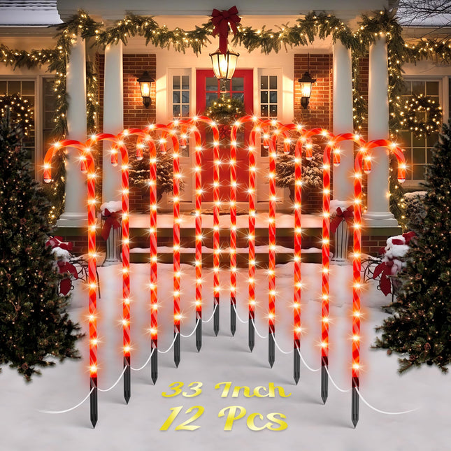 COOLWUFAN 33" Candy Cane Lights Christmas Decorations, Xmas Pathway Markers Stake Lights for Patio Outdoor Yard Decor, 12 Pack