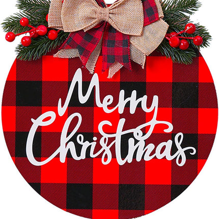 Merry Christmas Wood Sign Christmas Decoration Hanging Sign Christmas Wall Decor Rustic Wooden Plaid Wreath Christmas Decor Wood Round Yard Sign Farmhouse Christmas Front Door Sign