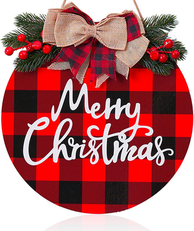 Merry Christmas Wood Sign Christmas Decoration Hanging Sign Christmas Wall Decor Rustic Wooden Plaid Wreath Christmas Decor Wood Round Yard Sign Farmhouse Christmas Front Door Sign