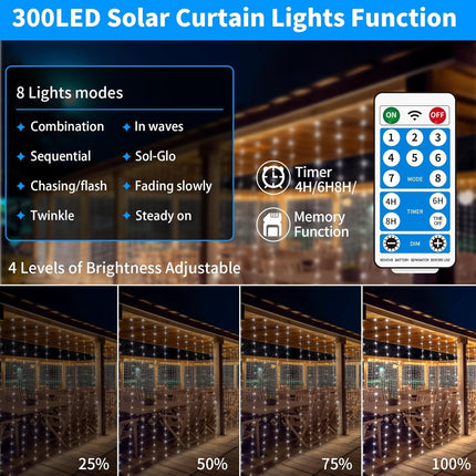 Solar Curtain Lights 1010Ft 300LED Waterproof Waterfall Light with 8 Modes Remote Type C Charging Dimmable Timer Twinkle Fairy String Lights for Outdoor Christmas Gazebo Wedding Party Pergola Patio