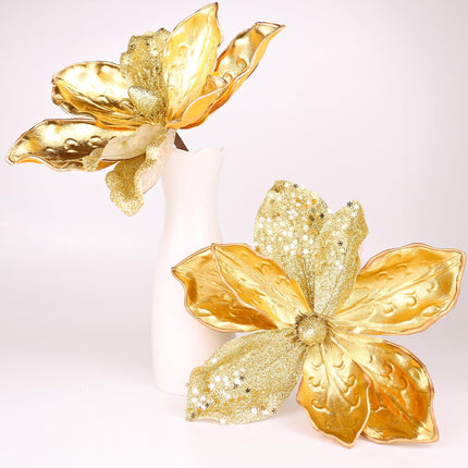 10" Velvet Poinsettias Artificial Christmas Flowers, 6pcs Large Glitter Christmas Poinsettia Picks, Floral Stems for Christmas Tree Wreath Garland Decorations DIY Ornaments (Gold