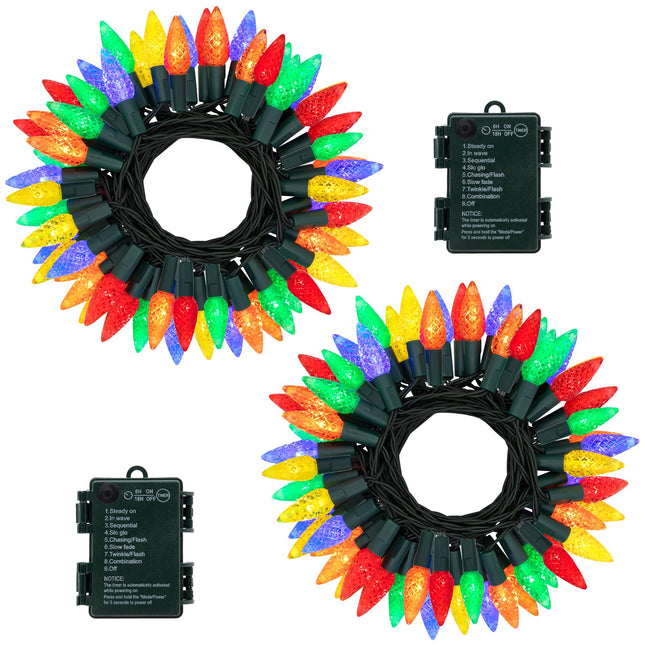 DBFAIRY 2Packs C6 Battery Operated Christmas Lights,16.4ft Strawberry String Light with Timer 8 Lights Modes,Multicolor Battery Wreath Lights for Christmas Tree Wreath Garland Home Decor