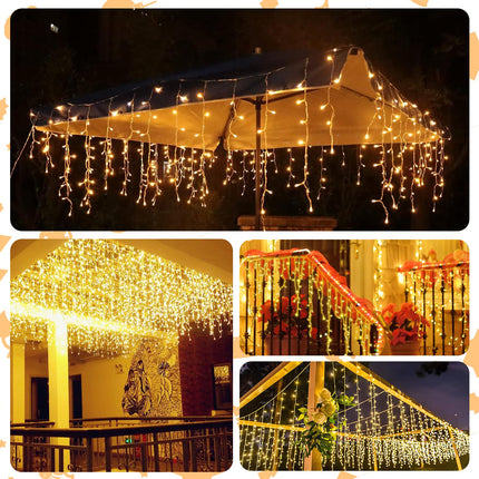 Outdoor Icicle Christmas Lights, 32.8 Ft 400 LED Icicle Lights, Waterproof Plug Fairy Tale String Lights with 8 Mode Timer for House Holiday Eaves Patio Party Room Indoor Decoration (Warm White)