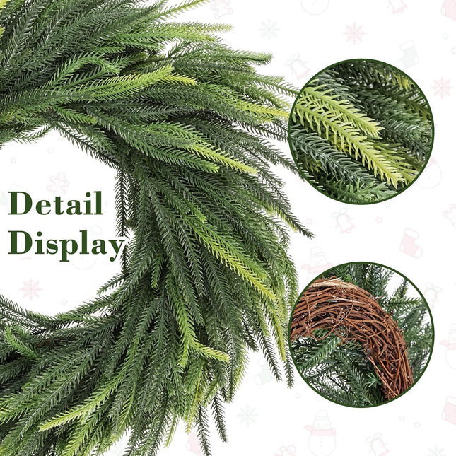 24" Real Touch Norfolk Pine Christmas Wreath, Artificial Faux Evergreen Wreath, Realistic Winter Wreath Greenery Decoration for Front Door Window Home Wall Farmhouse Holiday Outdoor Indoor Décor