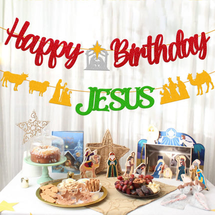 Happy Birthday Jesus Banner for Christian Winter Merry Christmas Garland Jesus's Bday Party Supplies Gold and Green Decorations
