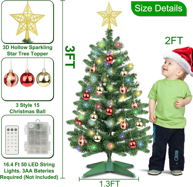 [Dual Color Change 12 Modes] 3 Ft Premium Christmas Tree with Timer DIY 50 Warm White & Multicolor Lights Star 15 Ball Ornaments Battery Operated Pencil Full Xmas Tree Christmas Decorations Table Home