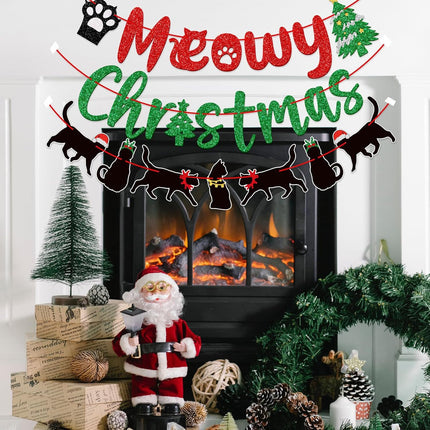 Meowy Christmas Banner, Cat Christmas Decorations, Funny Merry Christmas Banner, Christmas Black Cat Garland, Xmas Christmas Party Supplies, Red Green Black