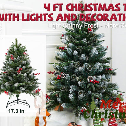 4ft Christmas Tree Prelit 4 feet Christmas Tree with Lights Fluffy 272 PVC PE Pine Needle, 18 Pinecones, 18 Berries, 140 Warm White Lights Bring Holiday Touch Full & Realistic Thin Shinny Snow