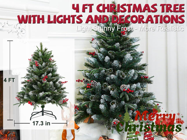 4ft Christmas Tree Prelit 4 feet Christmas Tree with Lights Fluffy 272 PVC PE Pine Needle, 18 Pinecones, 18 Berries, 140 Warm White Lights Bring Holiday Touch Full & Realistic Thin Shinny Snow