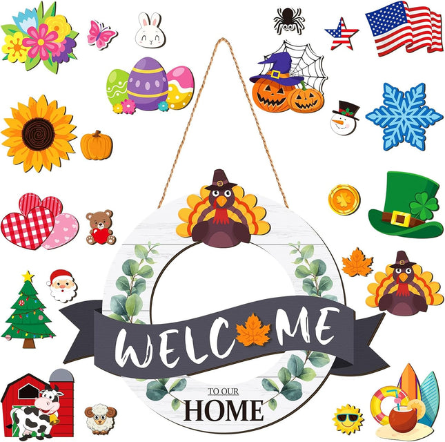 Geetery 24 Pcs Interchangeable Welcome Sign for Front Door Seasonal Icons Front Door Decor with Reversible Door Wreaths for DIY Autumn Halloween Thanksgiving Christmas Home Door Decor
